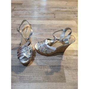 X-appeal 6.5 womens silver cork peep toe heeled wedge sandals